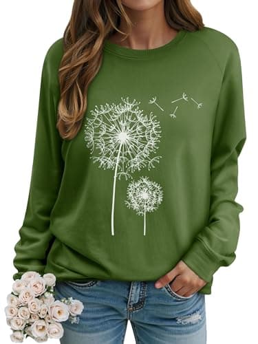 Image of Dresswel Women Dandelion Print Sweatshirt Crew Neck Long Sleeve Tops Basic Jumper Tunic Blouse Shirts(Army Green, L)