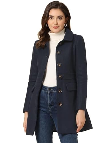 Image of Allegra K Women's Winter Peter Pan Collar Single Breasted Outwear Buttoned Long Coat Dark Blue S