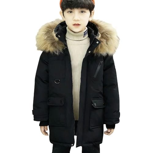 Image of Boys Winter Puffer Coat Big Kids Heavyweight Sh𝐞rpa Lined Faux Fur Hooded Jacket Stylish Windbreaker Snow Parka Quilted Outerwear (Black, 7-8 Years)