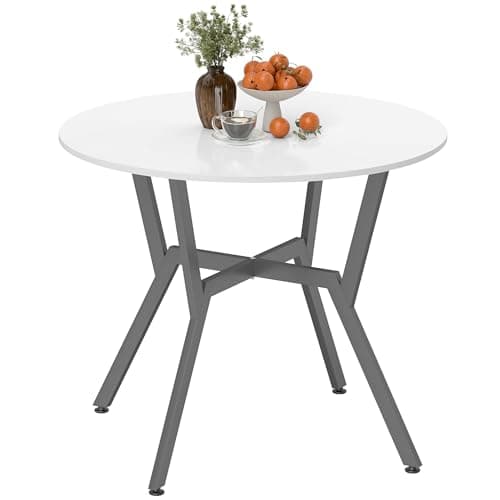 Image of HOMCOM Dining Table, Round Kitchen Table with Black Legs, Anti-slip Foot Pads for Living Room, Dining Room, 90 x 76 cm, High Gloss White