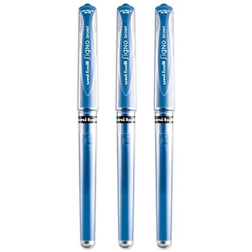 Image of uni-ball Signo Pen Broad Metallic Gel Ink Rollerball - Metal 1mm Tip Nib 0.65mm Line Width With Rubber Grip - UM-153 - (Pack Of 3) - Blue