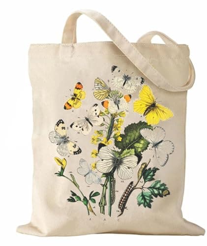 Image of Canvas Tote Bag with Inner Pocket Women's Reusable Shopping Bag Washable Foldable Cat Cotton Canvas Bag For Women Girls Shopping Grocery (Butterflies)