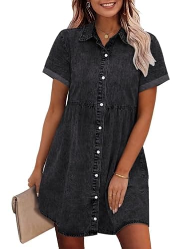 Image of TANMESSO Women's Denim Babydoll Tiered Short Sleeve Button Down Jean Shirt Dress (black,S,S,Regular,Regular)