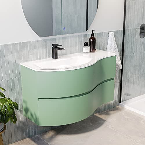 Image of Tulum 1000mm Green Wall Hung Left Hand Curved Vanity Unit with Basin