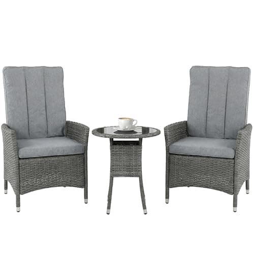 Image of Outsunny 3 Piece Rattan Bistro Set, Reclining Garden Chairs and Glass Top Bistro Table with Cushions, PE Wicker Garden Furniture Conversation Set for Patio, Balcony, Porch, Grey