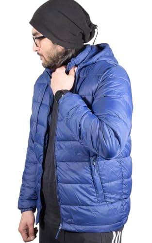 Image of True Face Men's Warm Puffer Bomber Jacket, Water-Resistant Quilted Winter Coat with Hood, Lightweight Padded Outerwear for Cold Weather - Stylish & Comfortable Insulated Top Blue M