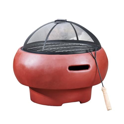 Image of Teamson Home Outdoor Wood Burning Fire Pit, Small Round Fire Pit, Outdoor Chimenea, Firepit, Fire Bowl Log Burner with Poker, Grill and Lid, Red