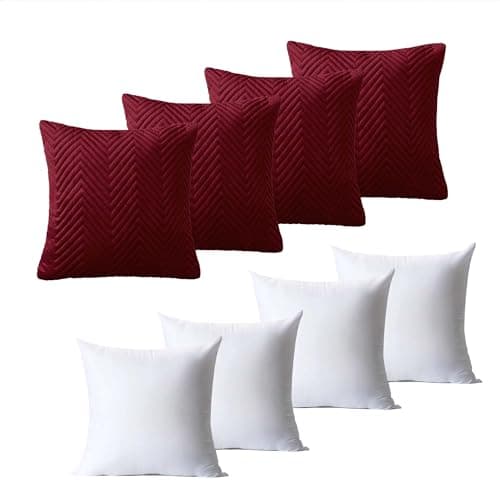 Image of BedLooms Cushions with Covers Included 45 x 45 cm Set of 8 (4 Burgundy Cushion Covers, 4 Cushion Inserts) Ultrasonic Square Throw Pillow Cases Decorative Sofa Cushion with Invisible Zipper