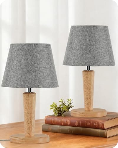 Image of GOEBLESON Small Bedside Lamps Set of 2, Wood Bedside Table Lamp with Grey Linen Shade, 3 Color Temps, E27 LED Bulb Included, Cute Little Desk Lamp for Bedroom, Living Room, Window Sill ZMH13TLKP205