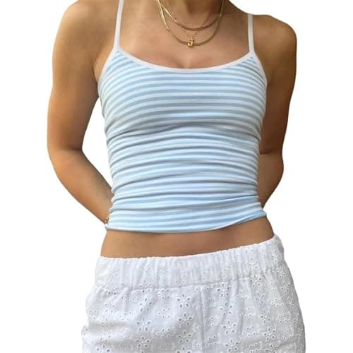 Image of Djbdesi Women Striped Spaghetti Strap Cami Tops Y2k Aesthetic Tank Slim Fit Cropped Camisole Going Out Tops Vest (A1 Blue, S)