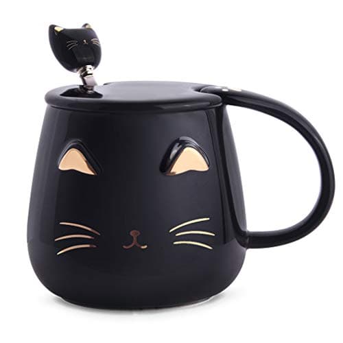 Image of Angelice Home Black Cat Mug, Cute Kitty Ceramic Coffee Mug with Stainless Steel Spoon, Novelty Coffee Mug Cup for Cat Lovers Women Girls