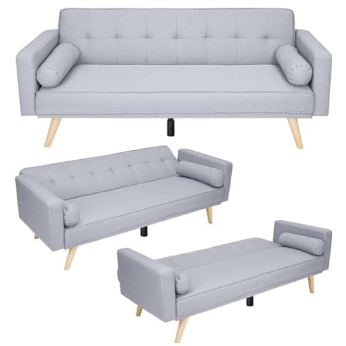 Image of CROWNSHOP 3 Seater Sofas Modern Sofa Beds with Wooden Legs Adjustable Angle Sofas & Couches With 2 Armrests for Living Room/Spare Room/Guest Room Light Gray