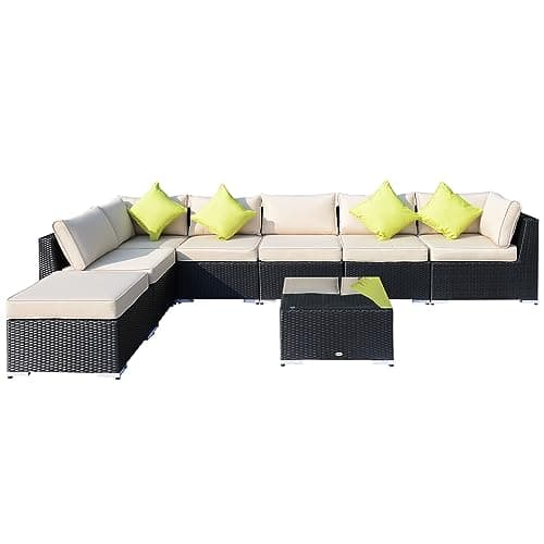 Image of Outsunny 8 Piece Rattan Corner Sofa Set with Wide & Deep Seat, Assembled Aluminium PE Rattan Garden Furniture Set with Thick Cushions and Glass Top Table for Outdoor, Conservatory, Black