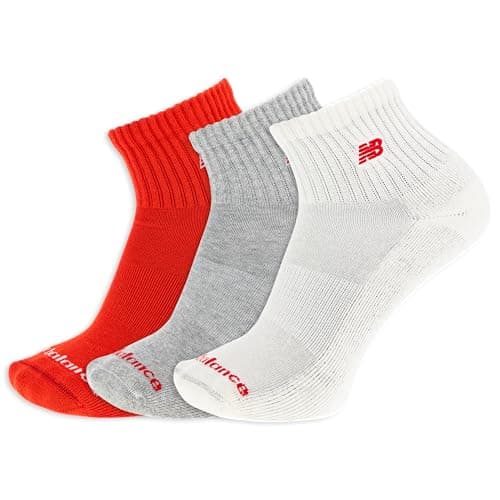 Image of New Balance Patch Logo Ankle Socks-3 Pairs-Cushioned Moisture Wicking, Red Assorted, Large