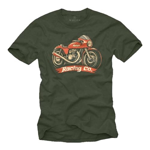 Image of MAKAYA Men’s Vintage Motorcycle T-Shirt - Retro Café Racer Graphic Tee Classic Biker Style Top for Men Cool Oldschool Shirt and Gift Idea for Motorbike Riders and Rock Fans Green XL