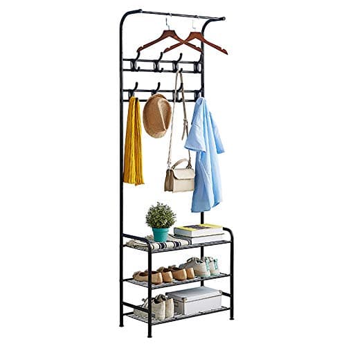 Image of Coat Rack Shoe Bench with 16 Hooks, Metal Coat Hat Rack Free Standing Clothes Stand with 3-Tier Shoe Rack Bench, Hat Umbrella Stand Hallway Organiser, 3-in-1 Hall Tree with Metal Frame, Easy Assembly