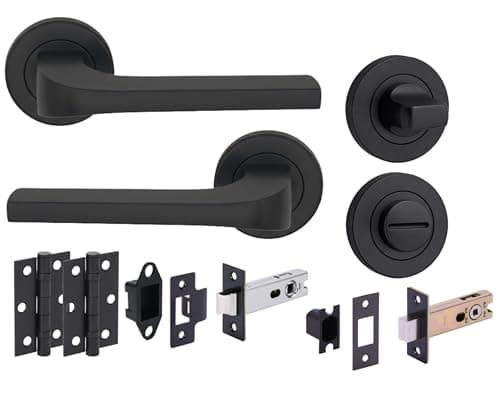 Image of Hunta HANDLEZONE® Vento Matt Black Bathroom Door Handle Pack – Lever on Rose Set – 76mm Bathroom Deadbolt & 2 Ball Bearing Hinges – Privacy Turn & Release for Internal Wooden Doors