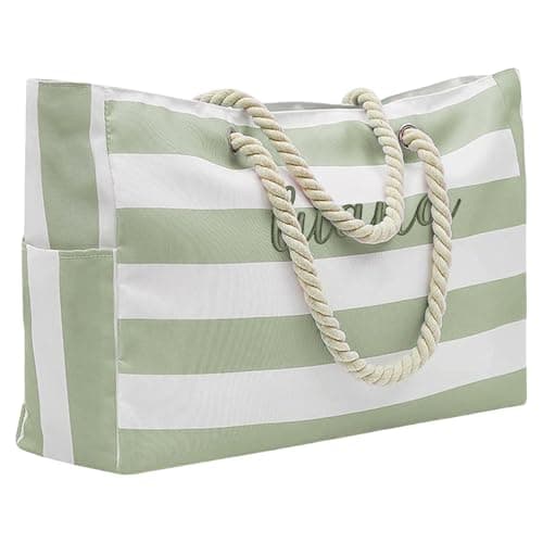 Image of Custom Beach Bag, Personalised with Name Embroidered – Summer Beach Bags for Women, Large Capacity Striped Travel Storage – Holiday Gift for Her Mum Vacation Trip (Green)