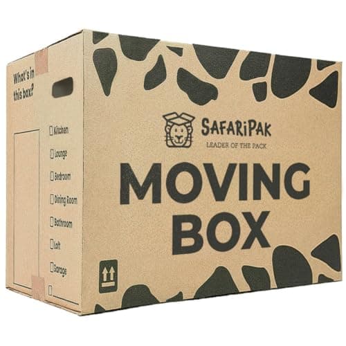 Image of SAFARIPAK - 10 Pack Strong Large Reusable Cardboard Storage Packing Moving House Boxes 52cm x 30cm x 30cm with Carry Handles and Room List Checkboxes - 47 Litres Capacity