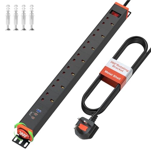 Image of 7 way Extension Lead Surge Protection with 2 USB C PD20W, Wall Mounted Power Strip with 360° Rotating Brackets, Metal Housing, 1.8M Cable Extension Cord, Black