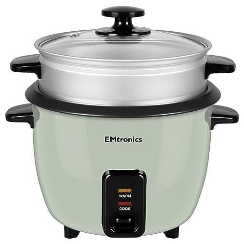 Image of EMtronics EMRCDSSG1 Rice Cooker 1 Litre with Automatic Cooking, Steamer Tray and Warmer Function with Removable Non-Stick Bowl, Measuring Cup and Spatula 400W - Sage Green