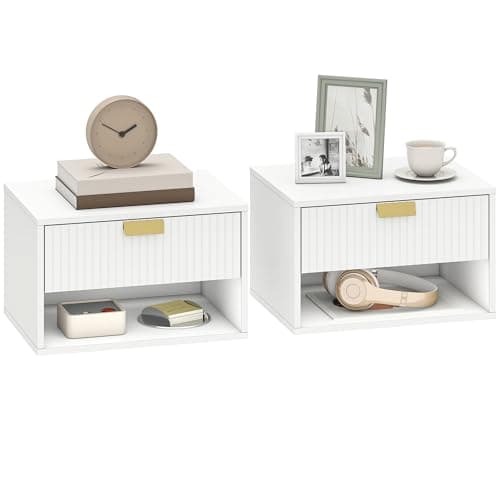 Image of HOMCOM Modern Floating Nightstands Set of 2, Wall Mounted Bedside Tables with Fluted Drawer for Bedroom and Living Room, 40W x 30D x 25H cm, White