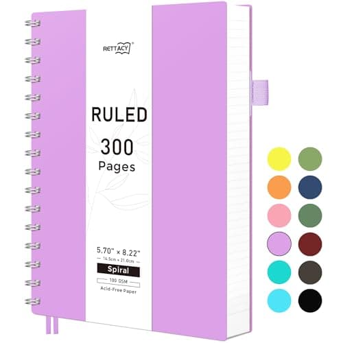 Image of RETTACY A5 Notebook,Wirebound Colorful Spiral Notebooks 300Pages /150 Sheets for Writing,100gsm College-Ruled Paper, Flexible Plastic Cover, for Women Men Work Office School,14.5 x 21cm - Purple