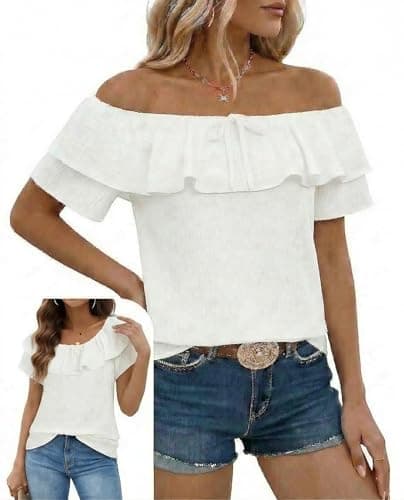 Image of Zilaro Off The Shoulder Tops for Women, Bardot Blouse, Casual Ruffle Short Sleeve Chiffon Top, Summer Holiday Beachwear (UK, Alpha, L, Regular, Regular, White)