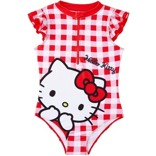 Image of Hello Kitty Sanrio Girls Swimming Costume 5-14 Yrs, One Piece Swimsuit, Front Zip-Up Beach Bathing Suit, Swimwear Accessories (7-8 Years, Red/White Hello Kitty)
