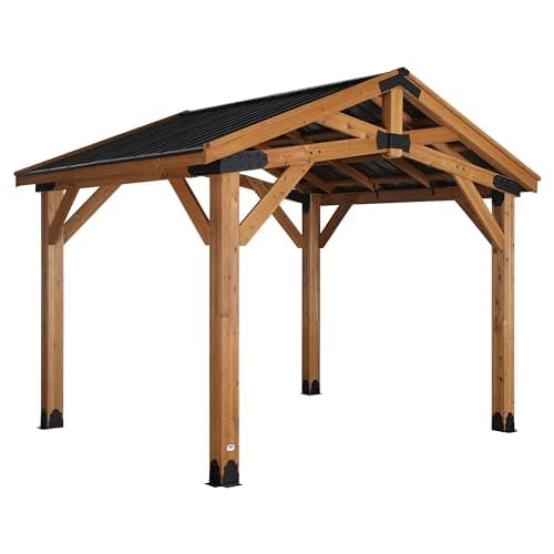 Image of Backyard Discovery Norwood 100% Cedar Wood Gazebo | Heavy Duty Hardtop Outdoor Shelter for Garden and Patio | Galvanised Peak Roof | Weather Resistant | Powerport | 3.7m x 3.1m (12ft x 10ft)