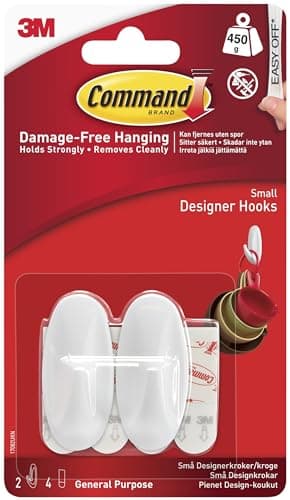Image of Command Small Designer Hooks, White - Pack of 2 Hooks and 4 Adhesive Strips - Damage Free Hanging