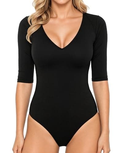 Image of ALGALAROUND Women's V Neck Half Sleeve Bodysuit 3/4 Sleeve Slim Fitted Body Suit Sexy Going Out Shirts Tops Black M