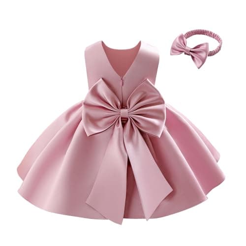 Image of Miipat Baby Girls Party Dress Satin Flower Girl Dress Wedding Bowknot V-Back Toddler Princess Birthday Baptism Dresses Kids Pageant Formal Bridesmaid Gown(BeanRed 73 6-12 Months)