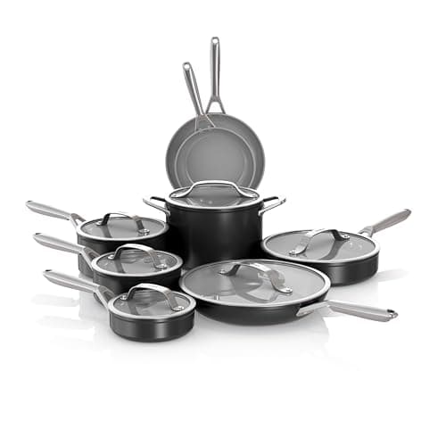 Image of Ninja NeverStick Ceramic Pro 14-Piece Cookware Set, Non-Stick Pots & Pans Set with Glass Lids, Ceramic, Stainless Steel, Stove to Oven Safe, All Stovetops & Induction Compatible, Black, CW39014BK