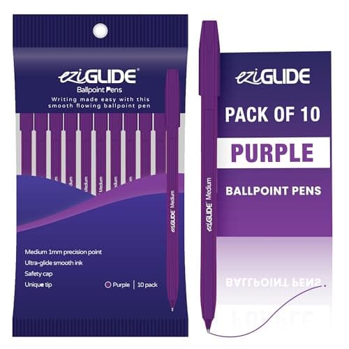Image of Eziglide 10-Pack Ballpoint Purple Pen Set - Medium Point 1.0mm for Effortless Writing & Comfortable Grip - Ball Point Pens Ideal for School, Exams, Home or Work Stationery Supplies