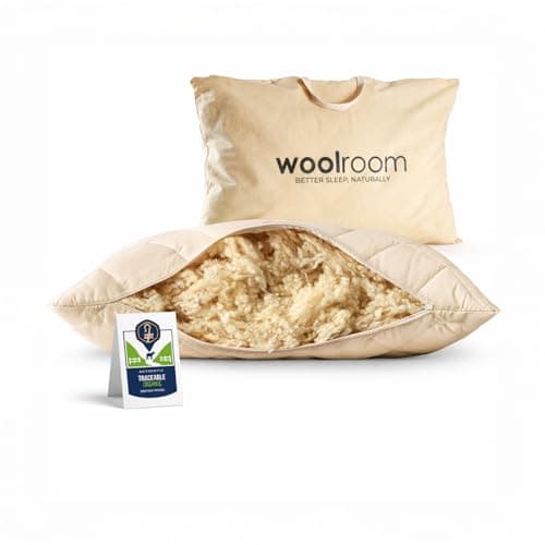 Image of WOOLROOM Organic British Wool Pillow, Adjustable Firmness - Traceable Certified Hypoallergenic Cooling - Machine Washable Organic Cotton Cover 300tc - King Size Bed Pillow, 48x90 cm