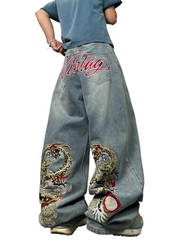 Image of DFGIGT Men's Baggy Jeans Dragon Embroidered Wide Leg Jeans Hip Hop Loose Fit Denim Pants Streetwear, M15 Light Blue, Small