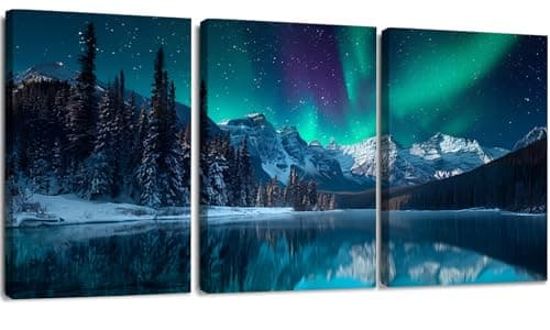 Image of YWQQ 3 Pieces Canvas Wall Art Prints, Aurora Scenery Paintings, 30x40cm Home Wall Decoration,Modern Picture Framed Aurora Artwork Paintings for Bedroom Living Room