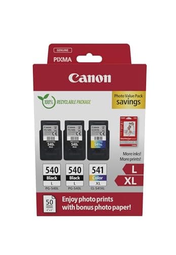 Image of Canon PG-540L x 2 / CL-541XL High Yield Genuine Ink Cartridges, Pack of 3 (2 x Black, 1 x Colour); Includes 50 sheets of 4x6 Photo Paper - Cardboard Multipack