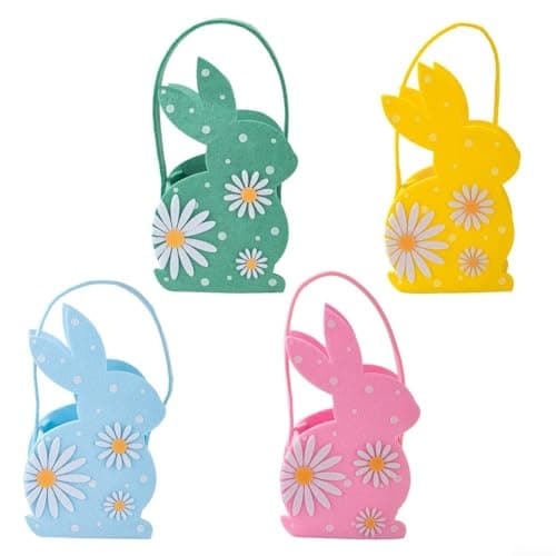 Image of EffiFish Handcrafted Felt Bunny Basket for Easter, Soft Fabric Treat Carrier with Rabbit Silhouette and Functional Handle (pink)