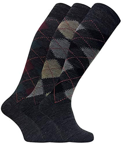 Image of Sock Snob - 3 Pairs Mens Extra Long Knee High Argyle Lambs Wool Dress Socks in Brown or Grey (6-11 uk, ELLW Grey)