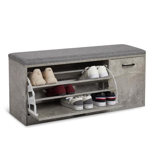 Image of Mondeer Shoe Bench, Wooden Shoe Storage Cabinet with Seat Soft Cushion Industrial Style for Hallway Entryway, 100 x 30 x 46 cm (Grey)
