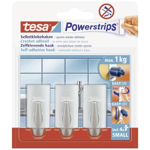 Image of tesa UK Powerstrips Hooks Small Trend - Removable Self-Adhesive Wall Hook for Glass, Tiles, Wood, Plastic and Other Surfaces - Waterproof - Matt-Chrome - Strong Hold up to 1 kg, 57544-00010-03