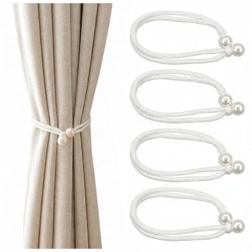Image of Adjustable Curtain Tie Backs 2 Pairs, Polyester Curtain Holdbacks with Plastic Pearl Pendant & Decorative Knot, No Drill Window Curtain-Ties for Living Room Bedroom (White)