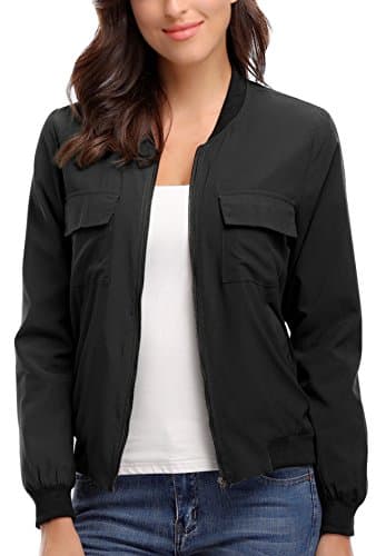Image of MISS MOLY Bomber Jacket Womens Flight Jackets Long Sleeve Zip Up Lightweight Casual Solid Quilted Coat Multi-Pocket Black Large