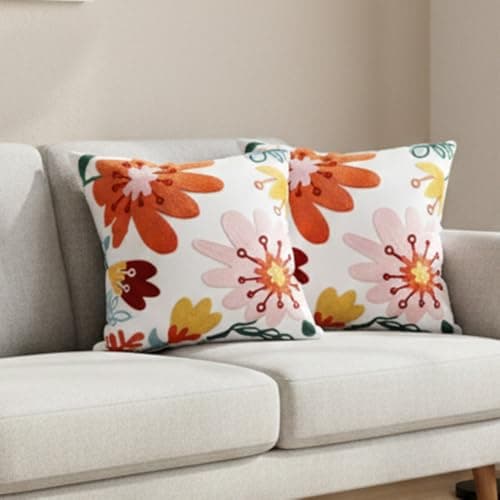 Image of BREASOME Cushion Covers 45 x 45 cm Set of 2 Embroidered Floral Cushion Covers Polyester Decorative Square Throw Pillow Cases for Sofa Couch Bedroom Living Room