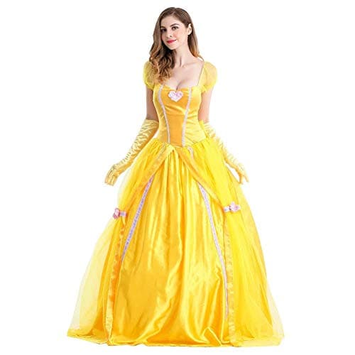 Image of Women Belle Dress with Gloves Adult Princess Fancy Dress Up Outfits Halloween Party Carnival Costume Fairy Tale Beauty and The Beast Cosplay Stage Performance Dance Yellow Long Gown S