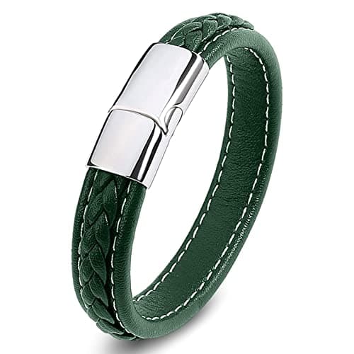 Image of Dsnyu Mens Leather Bracelets, Silver Green Friendship Bracelet with Stainless Steel Magnetic Clasp, Simple Vintage Bracelet for Husband