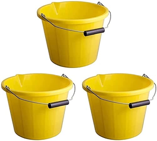Image of 3x Heavy Duty Yellow Plastic Builders Bucket 3 Gallon 14 Litre Cement Mixing Storage Strong Bucket with Handle and Spout Great For Construction, Animal Feed - Made In UK