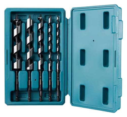 Image of Makita D-75677 Auger Drill Bit Set 5 Pieces in Storage Box for Soft and Hardwood 200 mm Long Diameter 6-19 mm 1/4 Inch Hex Socket